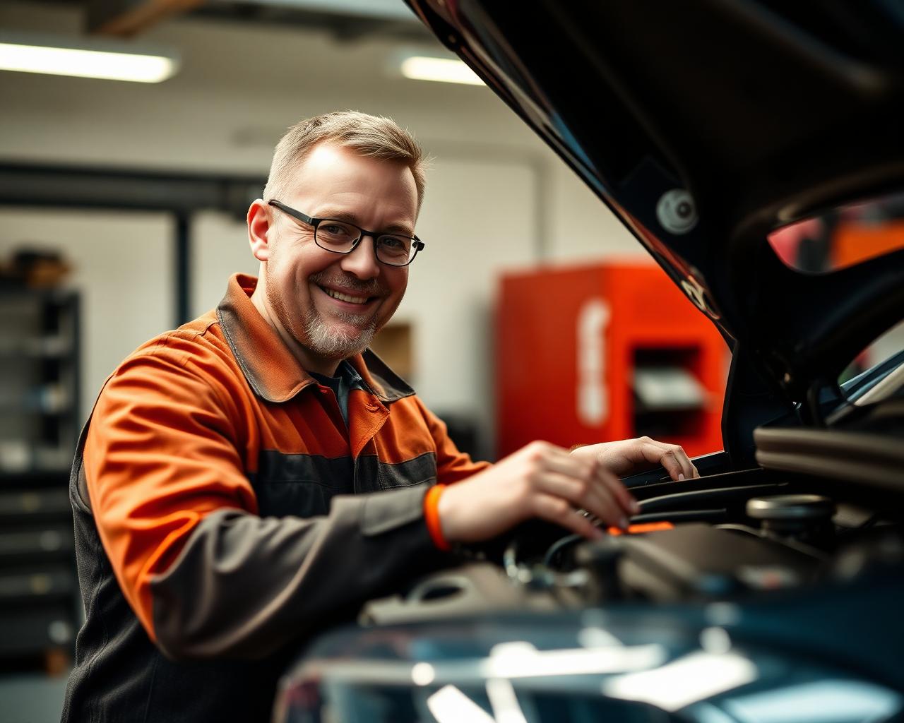 A friendly mechanic inspecting a car engine in a modern garage
